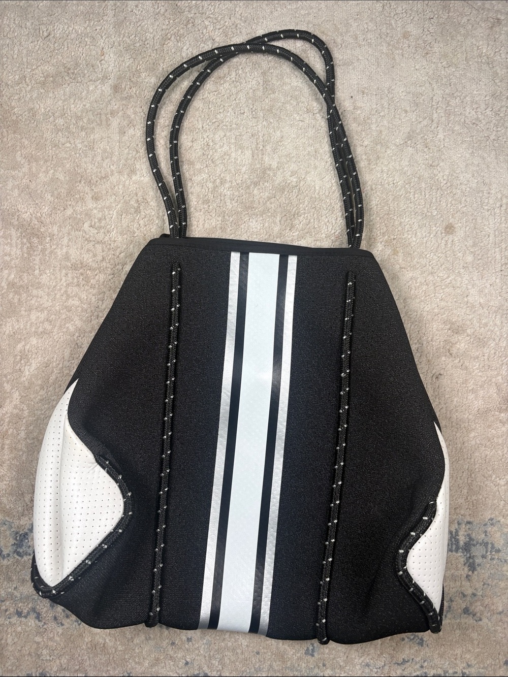 HAUTE SHORE Black and White Striped Neoprene Tote